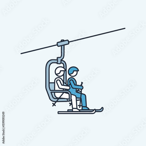 Two skiers ride a chairlift in a minimalist graphic illustration.