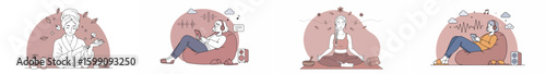Four women engaging in self-care activities in a warm, earthy-toned illustration