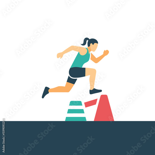 A person is running and jumping over obstacles in a flat illustration.