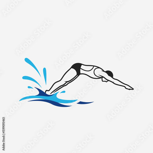 A swimmer diving into water creating splashes and waves. Graphic illustration.