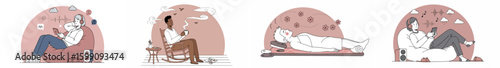Illustration of four people in different scenes of quiet reflection with pastel colors and sound waves