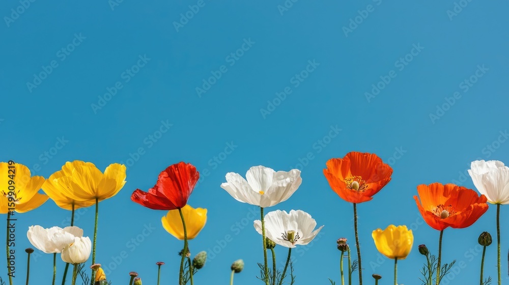 Obraz premium Vibrant spring landscape with a variety of colorful wildflowers blooming in a meadow under a clear blue sky Serene and peaceful outdoor scene with lush flora and botanical elements