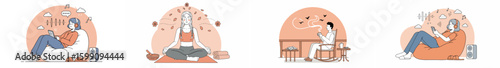Four-panel illustration of a woman engaged in daily activities with a warm-toned, cohesive design