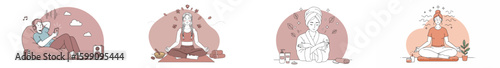 Illustration of four women in different scenes of relaxation and mindfulness