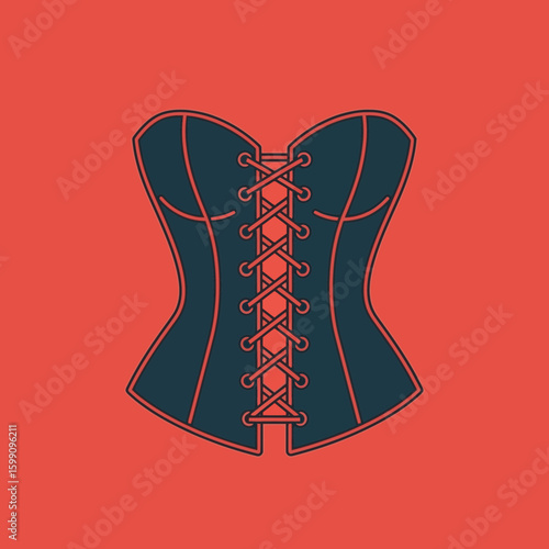Dark blue corset with lacing on a red background graphic illustration.