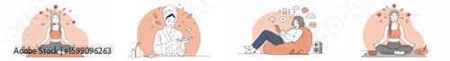 Four women in different relaxation and self-care scenes with soft peach circular backgrounds