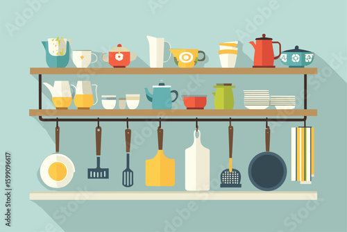 Colorful Kitchenware Display on Shelves - A Vibrant and Minimalist Design