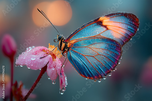 bright tropical morpho butterfly on a pink flower in dew drops