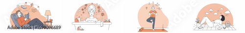 Four-panel illustration of women engaging in relaxation and self-care activities