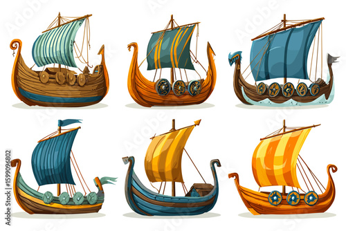 Collection of Colorful Cartoon Viking and Traditional Ships in Various Styles