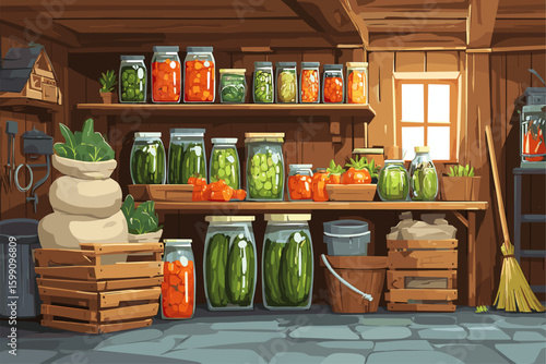 Bright and Colorful Pantry with Jars of Preserved Vegetables and Fruits