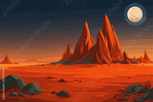 Surreal Martian Landscape with Red Mountains and Large Moon