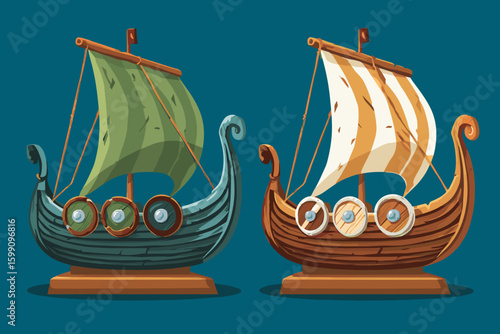 Colorful Viking Ships with Sails and Shields on a Blue Background