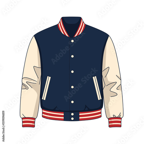 Isolated varsity jacket with blue body and cream sleeves on white background.