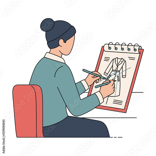 Woman drawing a dress design on a clipboard sitting in a chair.