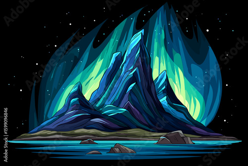 Majestic Mountain Landscape with Northern Lights in Vibrant Colors
