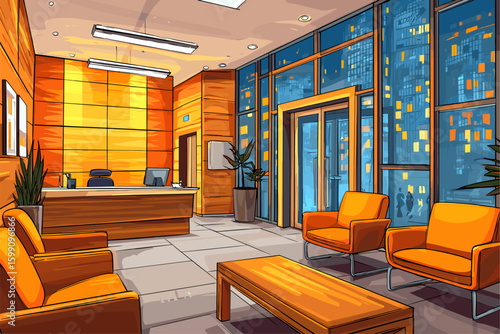 Modern Office Reception Area with Vibrant Orange Furniture and City View