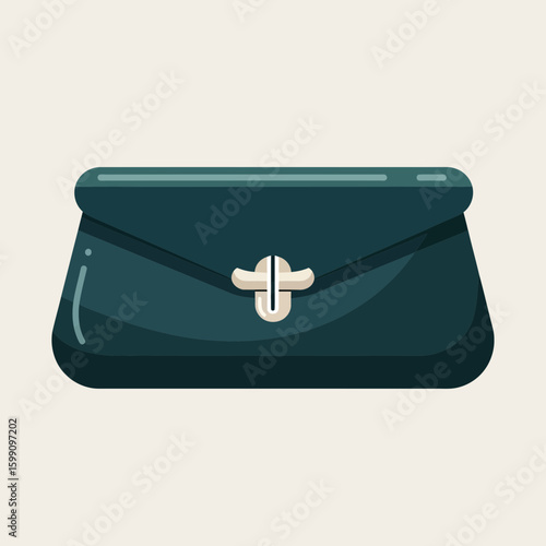 Teal clutch bag with silver clasp on a beige background illustration.