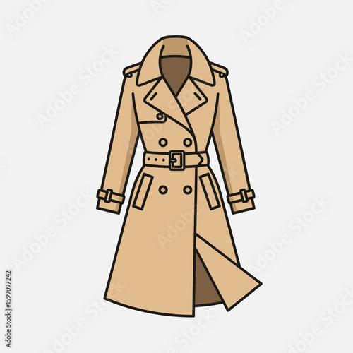 Beige trench coat with belt double breasted style on a white background.