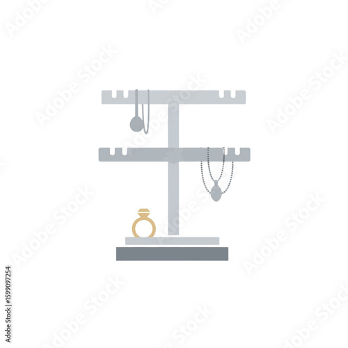 Jewelry stand with ring necklace and earrings on white background simple illustration.