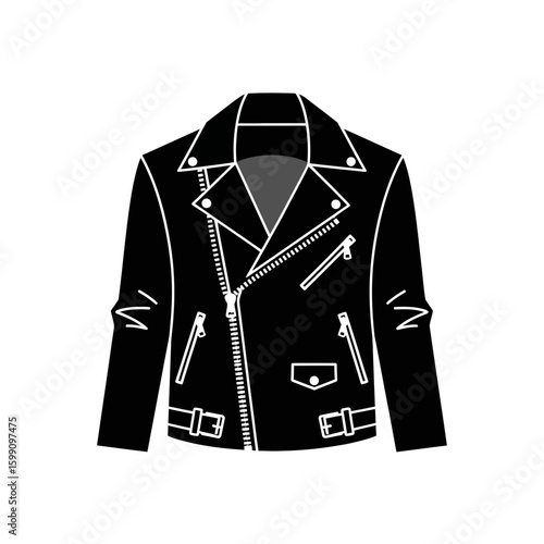 Black leather jacket with zipper and buckles illustration on a white background.