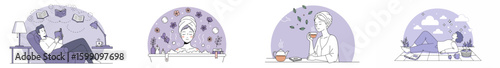 Four-panel illustration of self-care moments with reading, spa, tea, and relaxation scenes