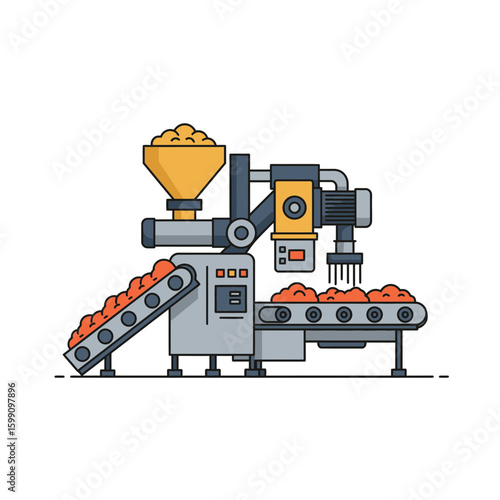 Automated machine processing food items on a conveyor belt in a factory setting.
