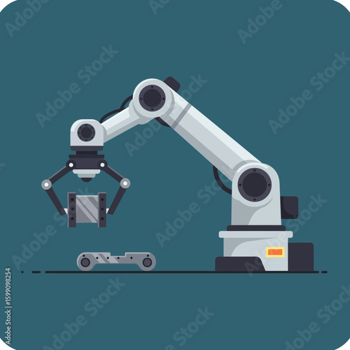 Robotic arm holding a metal object against a teal background.