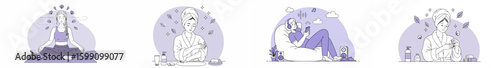 Vibrant illustration of four women engaging in self-care activities in a circular composition with a purple and lavender color palette