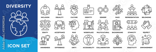 DIVERSITY  icon collection set. Containing inclusion,equality,culture,identity,gender,race,representation,belonging,equity,acceptance icon. Simple line vector.