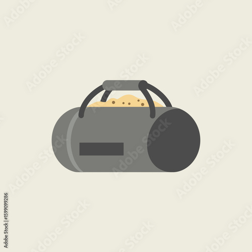 A gray duffel bag filled with light-colored contents against a beige background.