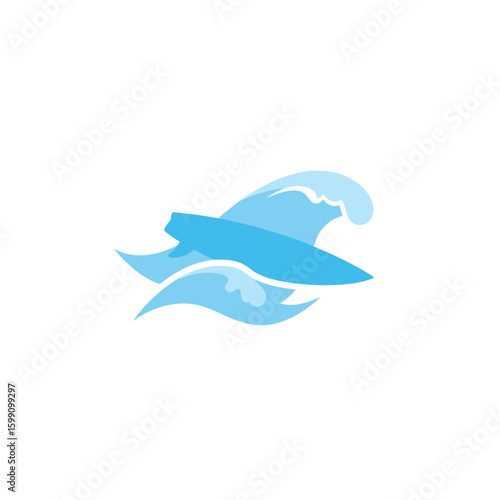 A blue surfboard rides waves in a stylized ocean setting.