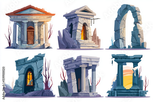 Collection of Ancient Ruins and Architectural Structures in a Colorful Vector Style