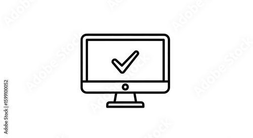 A simple line drawing of a computer monitor displaying a checkmark, signifying completion or approval.