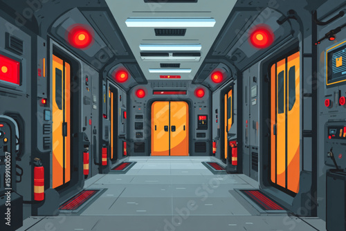Futuristic Sci-Fi Corridor with Orange Doors and High-Tech Panels