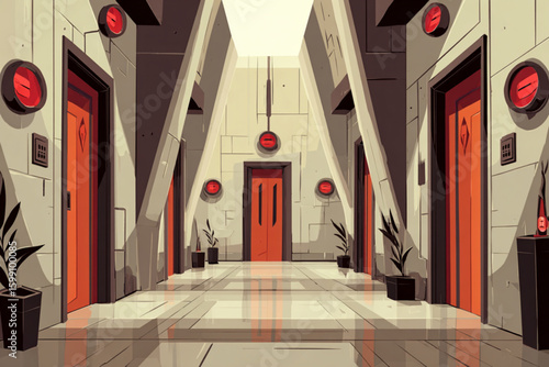 Futuristic Hallway with Red Doors and Minimalist Design