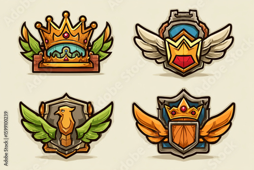 Colorful Cartoon Emblems and Crests with Wings and Crowns for Games