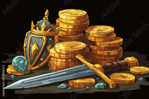 Treasure Trove: Gold Coins, Sword, and Shield Illustration