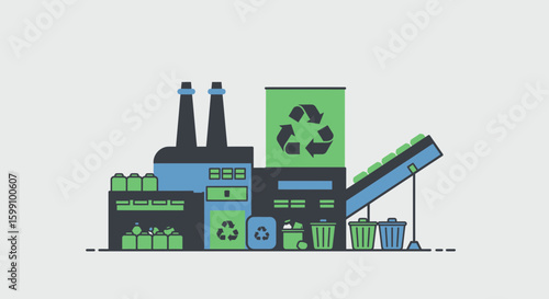 Illustration depicts a recycling factory with smokestacks and a green recycling bin.