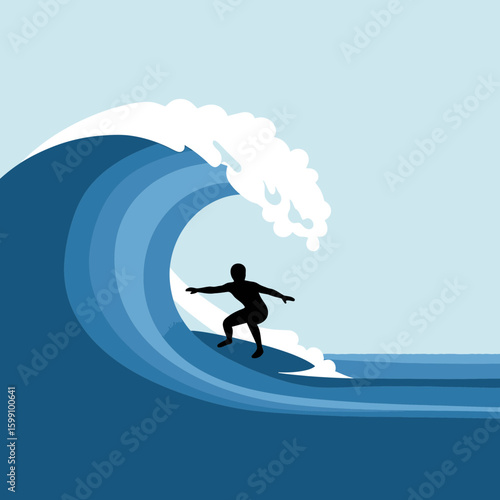 A surfer rides a large wave in a stylized ocean setting.