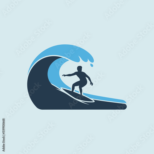 A surfer rides a wave in a stylized illustration with a light blue background.