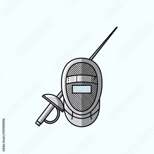 A fencing mask and foil are depicted against a light blue background.