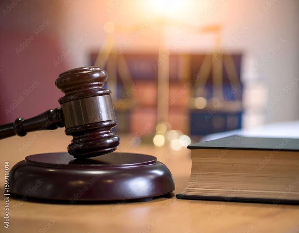custom made wallpaper toronto digitalWooden judge's gavel and law book on a desk with scales of justice in a blurred background, symbolizing justice, authority, and legal proceedings.