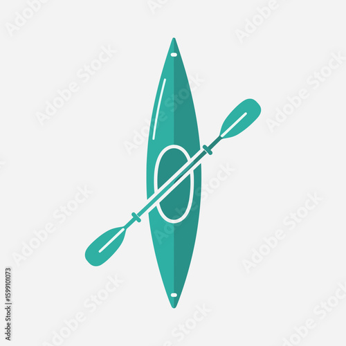 Teal kayak and paddle graphic illustration on a white background. Simple vector design.