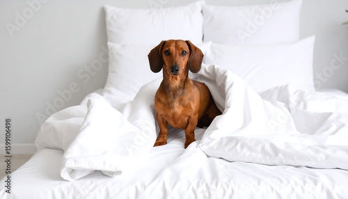 Dachshund dog nestled in white bedding