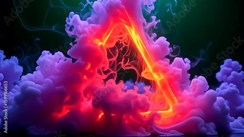 Emerging from the depths, the floating noise hazy abstract triangle made of neon smoke swirls and twirls in a storm of color, with intense violets and fiery reds dancing to a silent rhythm,