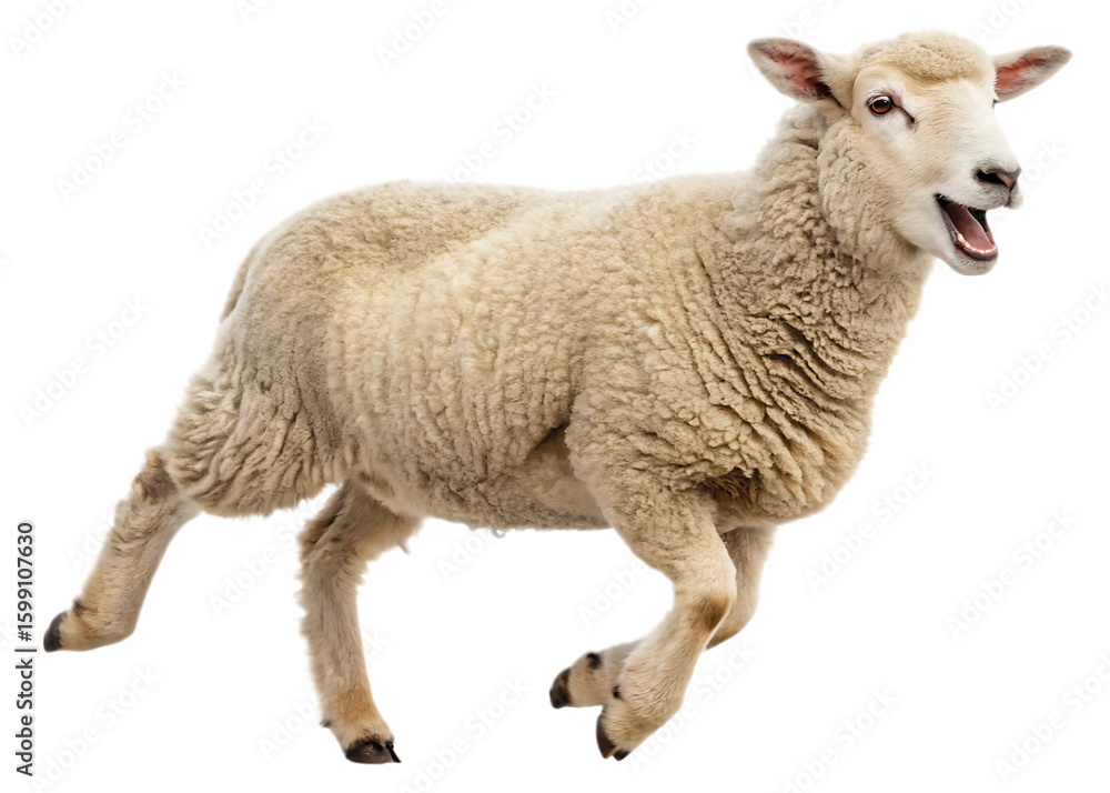 Fototapeta premium A sheep with white wool running with its mouth open on a black isolated background in full view