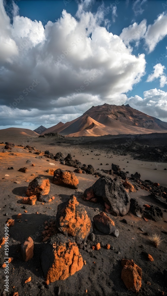 Naklejka premium Dramatic Volcanic Landscape. Rugged Terrain, Crimson Rocks, Cumulus Cloudscape, Arid Serenity.