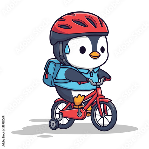 Cartoon penguin cyclist with helmet and backpack adorable vector illustration