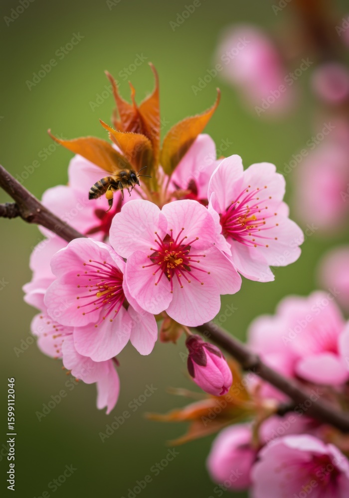 Obraz premium Pink Cherry Blossoms with Bee Closeup